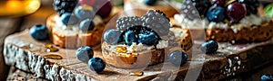 Blue Cheese on Bread, Gorgonzola with Berries and Honey, Bruschetta with Ricotta, Blueberries photo