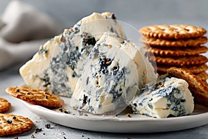Blue Cheese and Crackers on White Plate