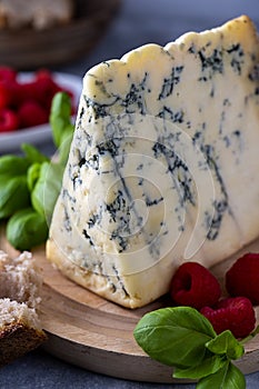 Blue cheese, dor blue or roquefort mold cheese slice on cutting board with basil leaves and rasberries, lifestyle food