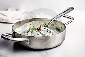 Blue Cheese Dressing In Saucepan On White Background. Generative AI