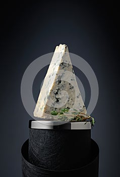 Blue cheese with thyme on a black background