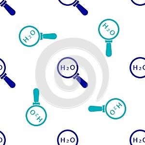 Blue Chemical formula for water drops H2O shaped icon isolated seamless pattern on white background. Vector