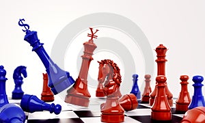 Blue chess against red chess with dollar and yuan renminbi sign logo