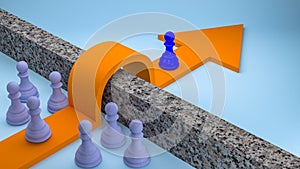 A blue chess piece manages to cross the barrier through a way and another pawn gets left behind the wall 3d illustration