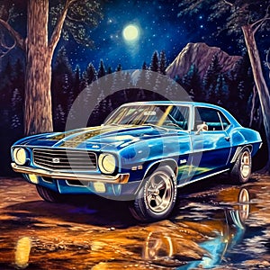 Blue 1969 Chevy Camero at night with gold stripes. Generative AI