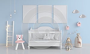 Blue child bedroom with frame mockup, 3D rendering