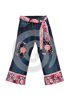 Blue children girl jeans with pink flowers pattern isolated on w