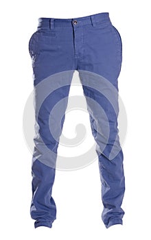 Blue chinos pants isolated on white, ghost fashion style of photography, blu photo