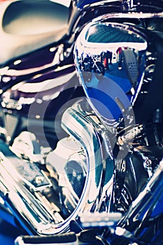 Blue chopper motorcycle engine
