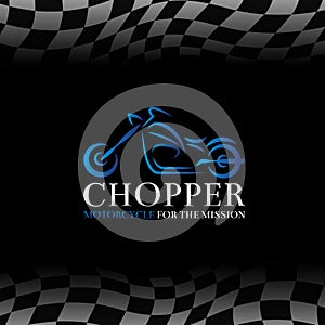 Blue chopper motorcycle logo symbol and Checkered flags background