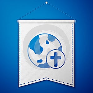 Blue Christian cross with globe Earth icon isolated on blue background. World religion day. White pennant template