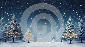Blue christmas background with fir trees, snow, bokeh lights and snowflakes created with Generative AI