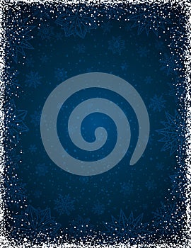 Blue christmas background with frame of snowflakes and stars,