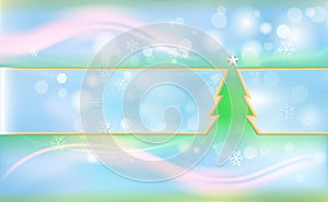 Blue Christmas background with green tree and ornaments from light snowflakes. For New Year decor. Vector illustration for design