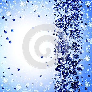 Blue Christmas background, light center, circle, white snow, snowflakes, frame, glitter, beautiful, new year, winter