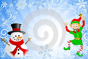 Blue christmas background with a snowman and an el