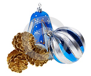 Blue christmas ball, bell and fir cones