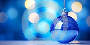 Blue christmas ball on blue bokeh background with copy space
