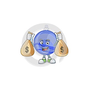 Blue christmas ball cartoon with mascot holding money bag