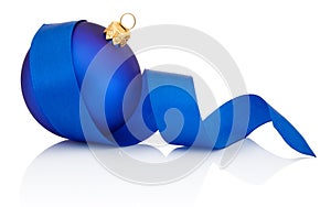 Blue Christmas ball covered with curled ribbon Isolated on white