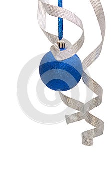 Blue christmas ball with curly silver ribbon