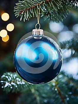 A blue Christmas ball on a fir branch background