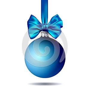 Blue christmas ball hanging on ribbon with bow, isolated on white