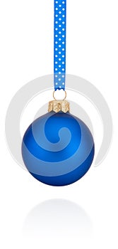 Blue Christmas ball hanging on ribbon Isolated on white