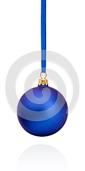 Blue Christmas ball hanging on ribbon Isolated on white