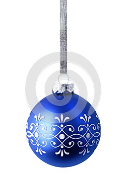 Blue christmas ball hanging on silver ribbon isolated over white background