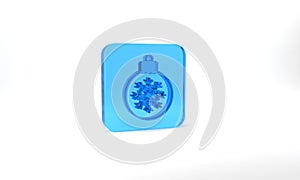 Blue Christmas ball icon isolated on grey background. Merry Christmas and Happy New Year. Glass square button. 3d