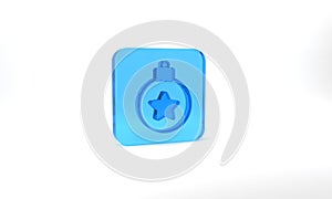 Blue Christmas ball icon isolated on grey background. Merry Christmas and Happy New Year. Glass square button. 3d