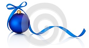 Blue Christmas ball with ribbon bow Isolated on white background