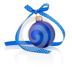 Blue Christmas ball with ribbon bow Isolated on white background