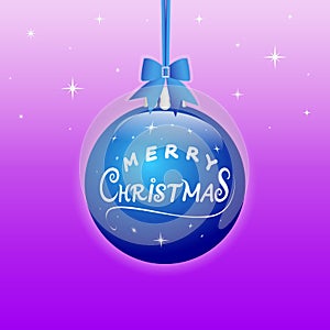 Blue Christmas ball with ribbon and a bow on shiny pink-purple background with stars. Vector illustration for Xmas