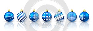 Blue Christmas ball set. Xmas glass ball on white background. Holiday decoration template. Vector illustration