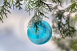 Blue Christmas ball on a snow-covered tree branch
