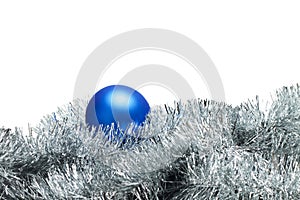 Blue christmas ball with tinsel