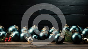 Blue christmas balls on black wooden background with copy space. Christmas greeting card