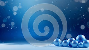 Blue Christmas balls on blue background with falling snow. 3d illustration.