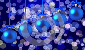 Blue Christmas balls with bows on bright holidays background