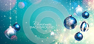Blue Christmas Balls on Colorful Winter Background and Bengal Lights. Vector