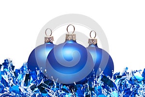 Blue christmas balls with tinsel