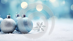 Blue Christmas baubles on snow with bokeh background. Generative AI