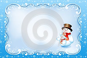 Blue Christmas Card with Swirl Frame and Snowman