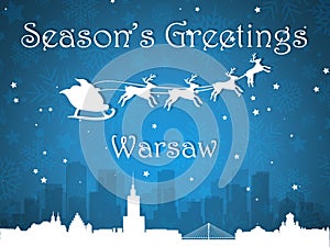 Blue Christmas City Panorama Postcard from Warsaw