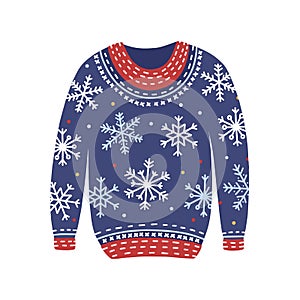 Blue christmas cosiness ugly sweater with snowflakes vector flat illustration. Woolen cozy winter clothes isolated on