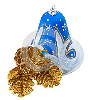 Blue christmas decoration bell and fircones