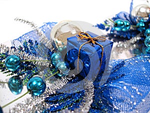 Blue Christmas decoration, box with handbell and balls