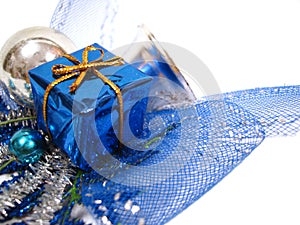 Blue Christmas decoration, box with handbell and balls photo